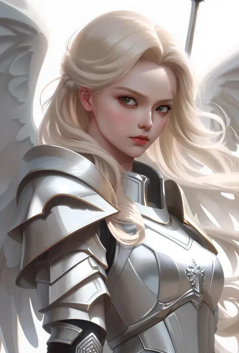 Blond angel with sword and armor standing in front of a white background, menina do cavaleiro do anjo, Artgerm. High detail, Art...