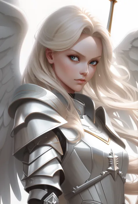 Blond angel with sword and armor standing in front of a white background, menina do cavaleiro do anjo, Artgerm. High detail, Art...