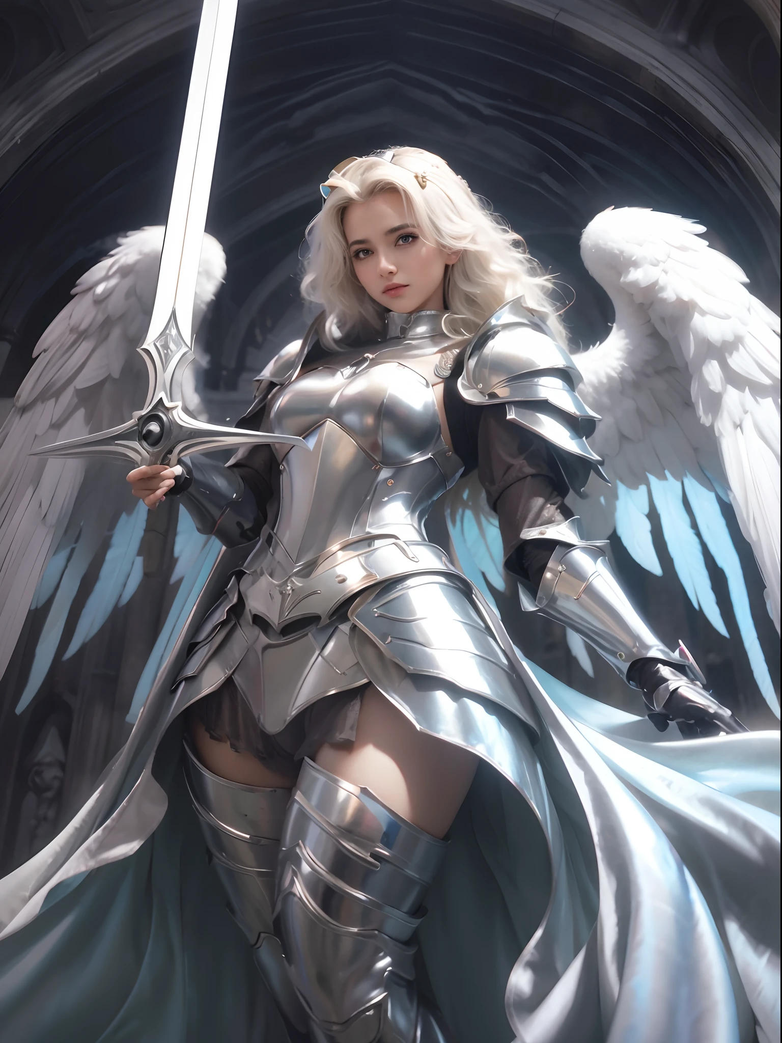 Blonde Frau in Rüstung, die ein Schwert und ein Schwert hält,  des Engelsritters, Engel in Plastikrüstung, Artgerm em ArtStation Pixiv, Extrem detaillierter Kunstkeim, Engel Ritter Gothic Mädchen, Grafikerin Magali Villeneuve, Konzeptkunst | Artgerm, Ganzkörpermajestätischer Engel, Artgerm. Anime-Illustration, Artgerm. Hohe Detailliertheit