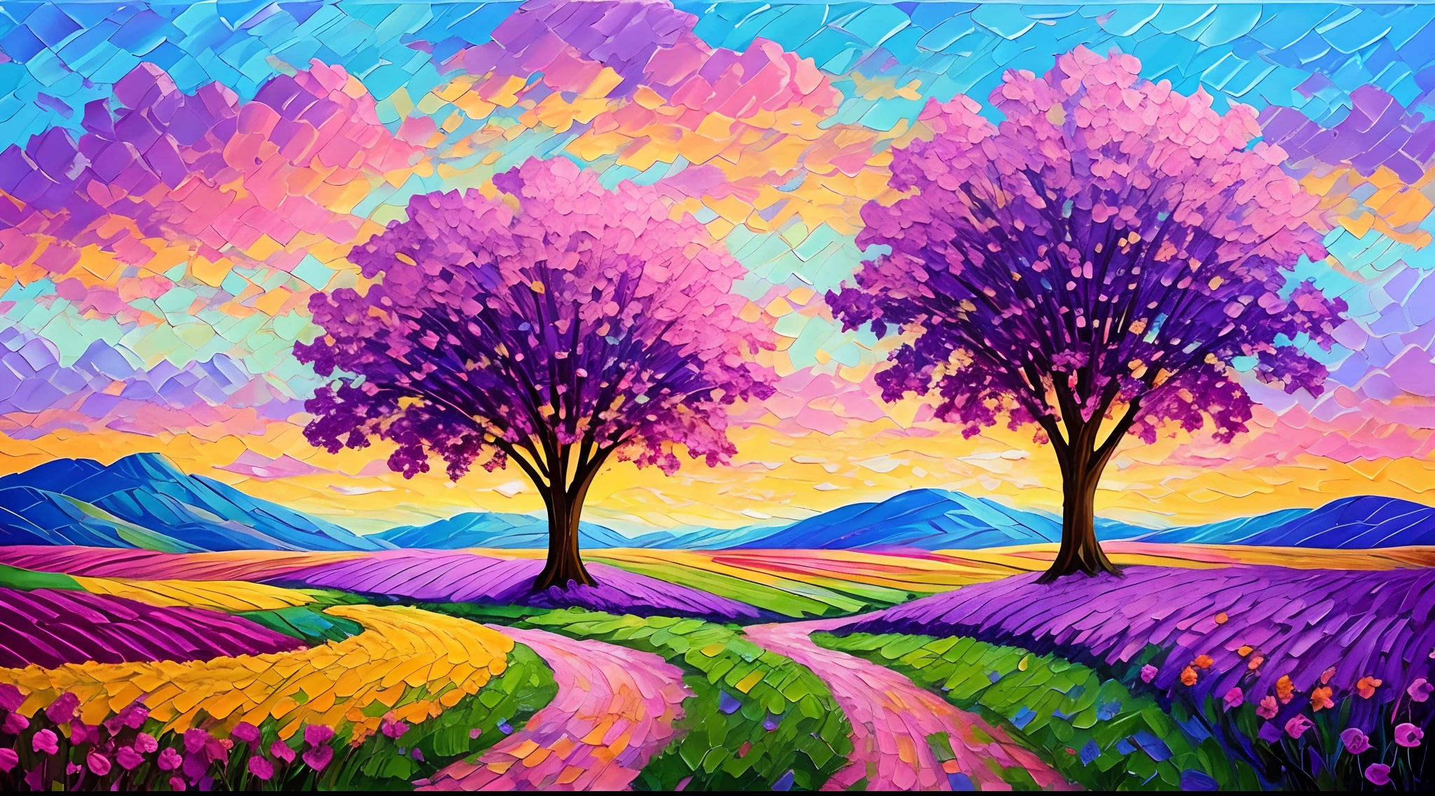 paintings of purple trees and a couple in a field, beautiful art uhd 4 k, bright landscape, mythical floral hills, scenery artwork, scenery art detailed, inspired by Erin Hanson, colorful landscape painting, magical landscape, vivid abstract landscape, blissful landscape, artistic landscape, painted landscape, landscape art, dreamy landscape, whimsical fantasy landscape art, impasto painting, made of tree and fantasy valley