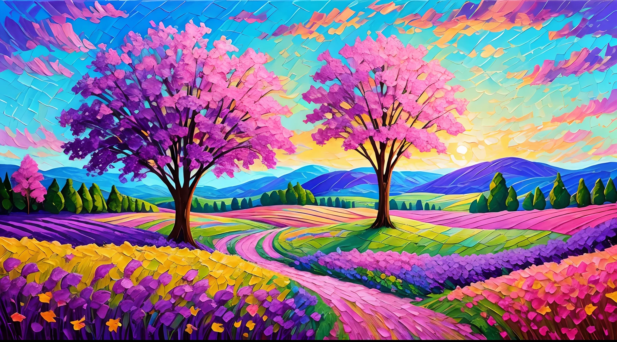 paintings of purple trees and a couple in a field, beautiful art uhd 4 k, bright landscape, mythical floral hills, scenery artwork, scenery art detailed, inspired by Erin Hanson, colorful landscape painting, magical landscape, vivid abstract landscape, blissful landscape, artistic landscape, painted landscape, landscape art, dreamy landscape, whimsical fantasy landscape art, impasto painting, made of tree and fantasy valley