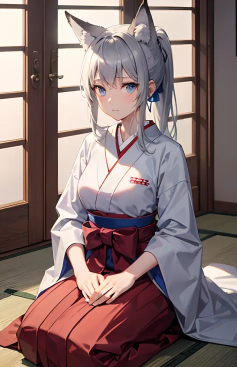 ​masterpiece,Top image quality,hight resolution,imagem 4k,Raw photo,Photorealsitic,{Solo},teens girl,Embarrassment,Silver Ponytail,stare at each other,,Blue eyes,小柄,,Silver fox ears,Fox tail,Hakama,boyish,Tatami mats、traditional Japanese room,,swordsmen、Th...