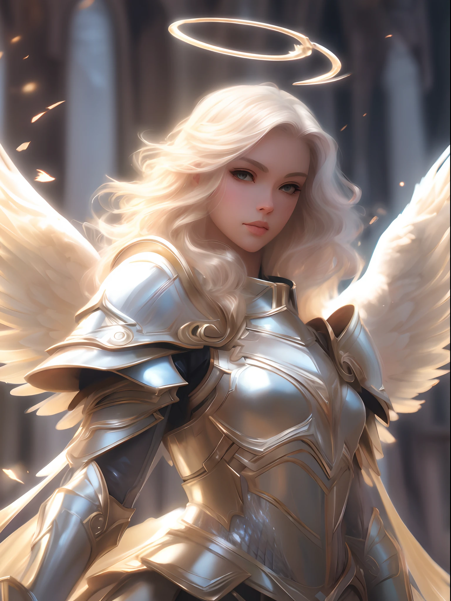 Ángel rubio con halo y alas en un entorno de fantasía.,  del ángel caballero, artegerm extremamente detalhado, arte conceptual | artegerm, artegerm detalhado, artegerm em ArtStation Pixiv, artegerm. Alto detalle, artista grafica magali villeneuve, ¡vaya! | artegerm, artegerm. ilustración animada