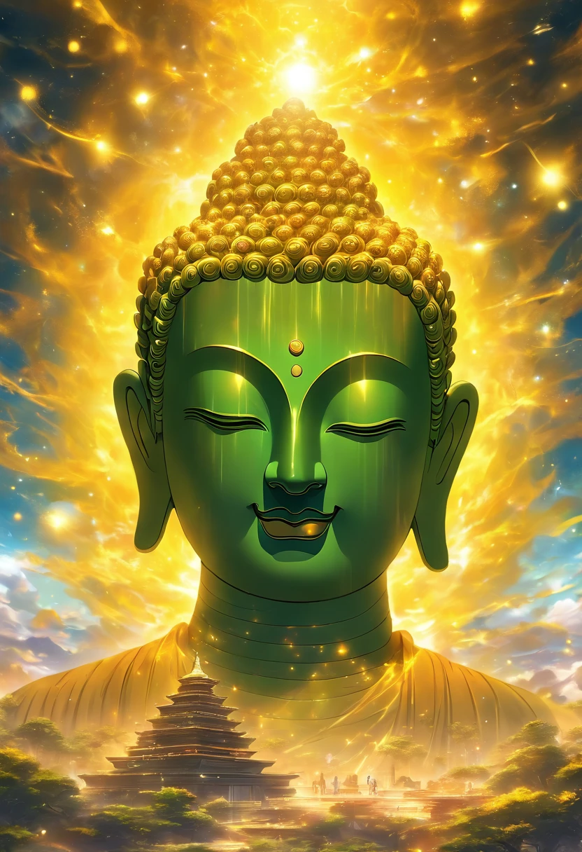 Tête de Bouddha transparente géante regardant la planète jaune dans le sol cosmique，effet lumineux，Rendu OC,Protection faciale
