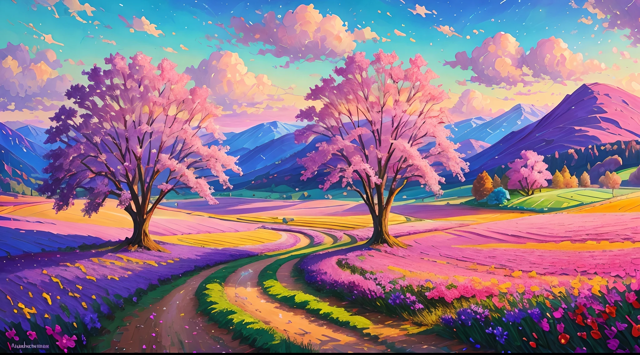 paintings of purple trees and a couple in a field, beautiful art uhd 4 k, bright landscape, mythical floral hills, scenery artwork, scenery art detailed, inspired by Erin Hanson, colorful landscape painting, magical landscape, vivid abstract landscape, blissful landscape, artistic landscape, painted landscape, landscape art, dreamy landscape, whimsical fantasy landscape art, impasto painting, made of tree and fantasy valley