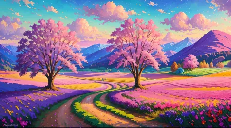 paintings of purple trees and a couple in a field, beautiful art uhd 4 k, bright landscape, mythical floral hills, scenery artwo...