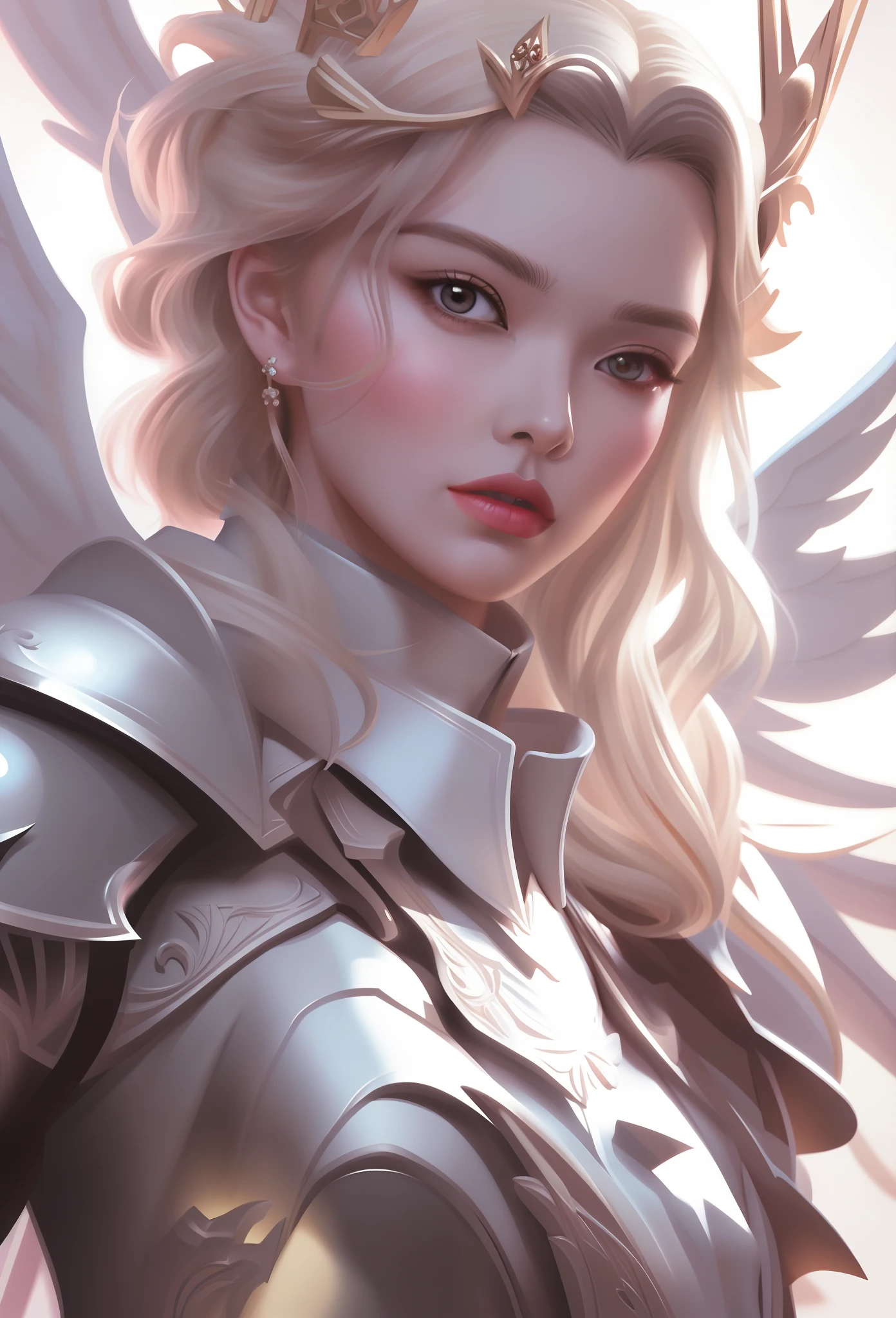 Femme blonde avec des ailes et une couronne sur la tête,  du chevalier ange, artgerme. Détails élevés, artgerme extremamente detalhado, Modèle IG | artgerme, Oups | artgerme, Tirage Ross 1. 0, artgerme em ArtStation Pixiv, Wlop Ross, artgerme detalhado, artgerme. illustration animée