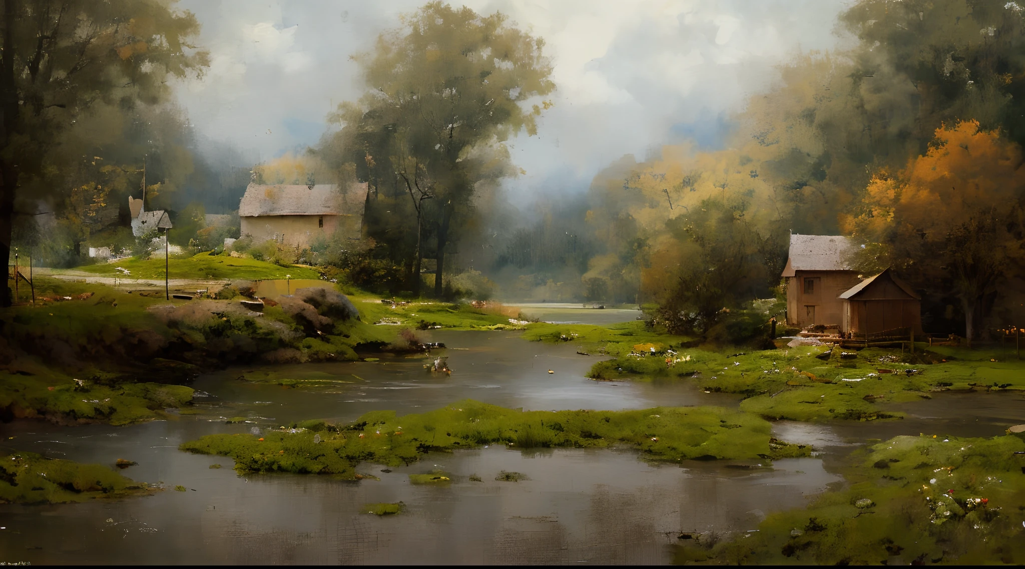 painting of a cottage, flowers beside of fence, fence along the road, mountain landscape with a lake and a boat, birds flying in the blue sky, illustration matte painting, inspired by Thomas Kinkade, symmetric matte painting, detailed scenery , style raw, 8 k ultra detailed