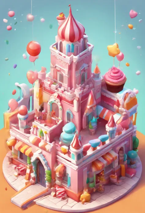 Candy Castle，There are chocolates，Cupcakes，Cookie，Candy as a garnish, Clay material, Cartoon design style, pop mart, Soft lighting, Smooth lines, tilt shift lens, Detailed science fiction illustration, Hyper-realistic details, warm color