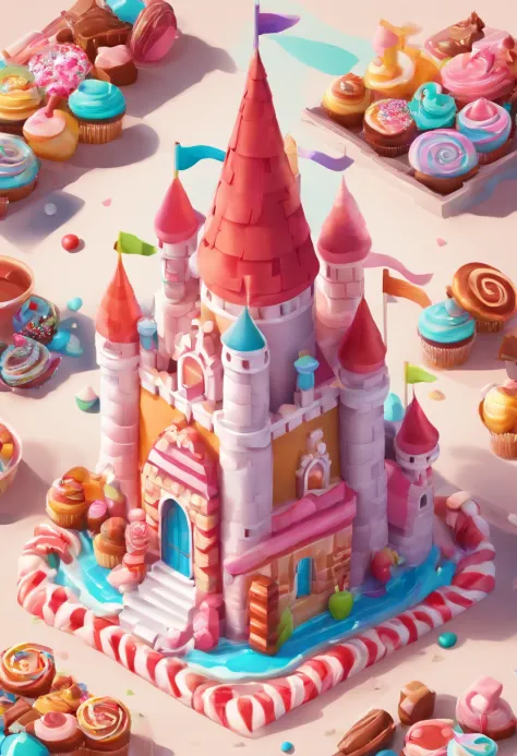 Candy Castle，There are chocolates，Cupcakes，Cookie，Candy as a garnish, Clay material, Cartoon design style, pop mart, Soft lighting, Smooth lines, tilt shift lens, Detailed science fiction illustration, Hyper-realistic details, warm color