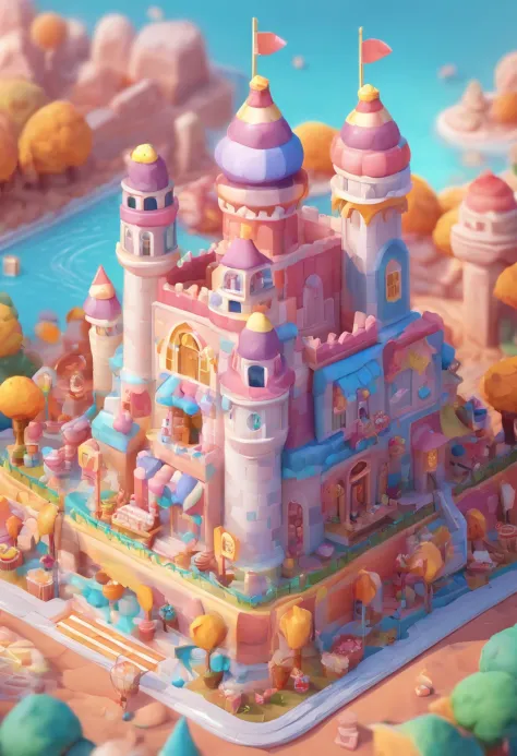Candy Castle，Small castle，There are chocolates，Cupcakes，Cookie，Candy as a garnish, Clay material, Cartoon design style, pop mart, Soft lighting, Smooth lines, tilt shift lens, Detailed science fiction illustration, Hyper-realistic details, warm color，