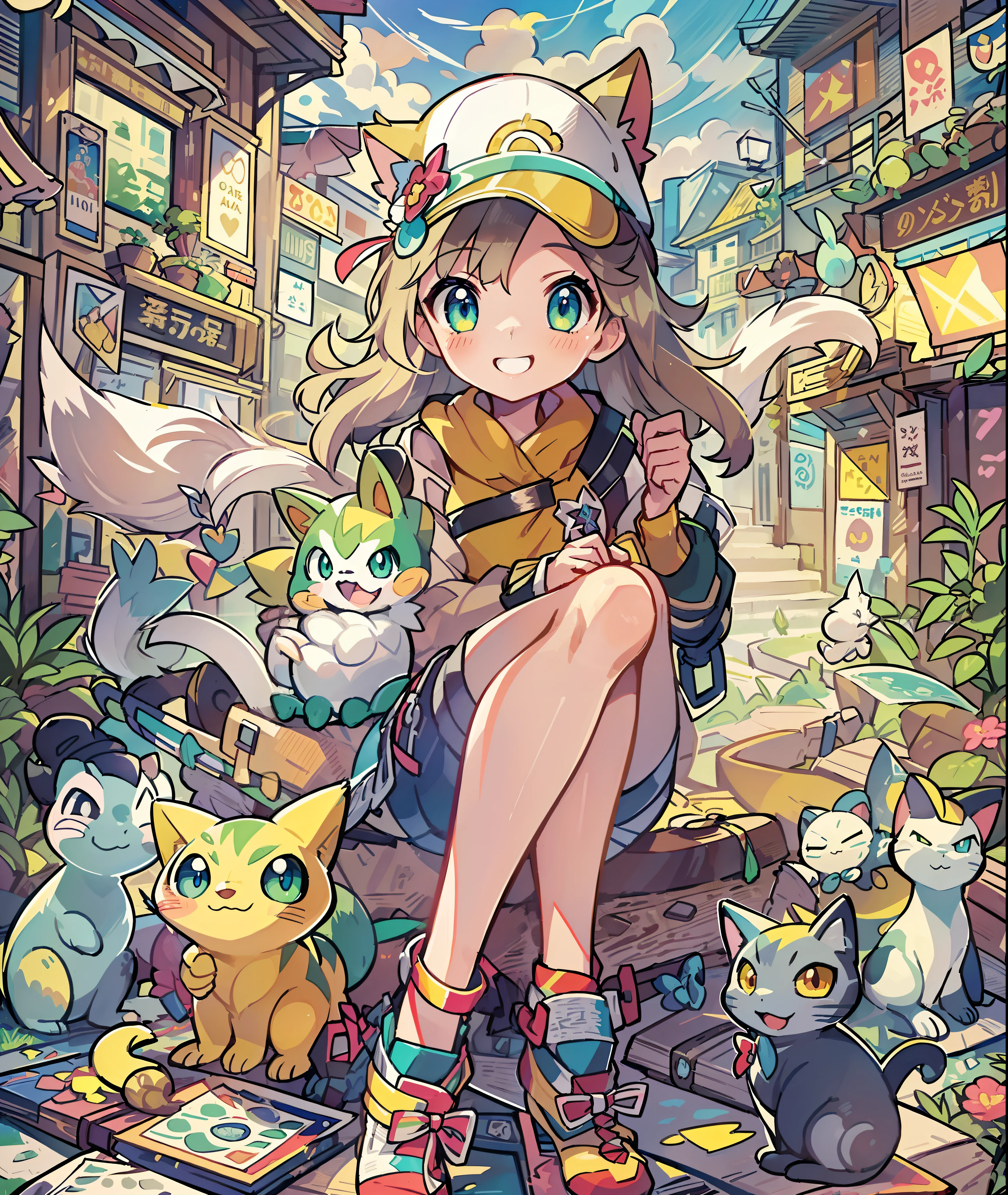 1girl in,A pokémon_The card,(top-quality), (high_quality), (Convoluted_Details), (ultra-detailliert), (illustratio), (Distinct_image),saito_naoki,city scenery、Rainbow View、With cats（（Cute cat１.５））