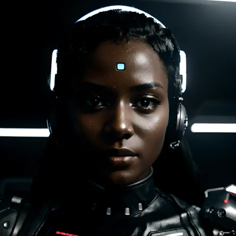A cybernetic black female with fashion photography aesthetic,  very realistic detail,  cinematic quality.