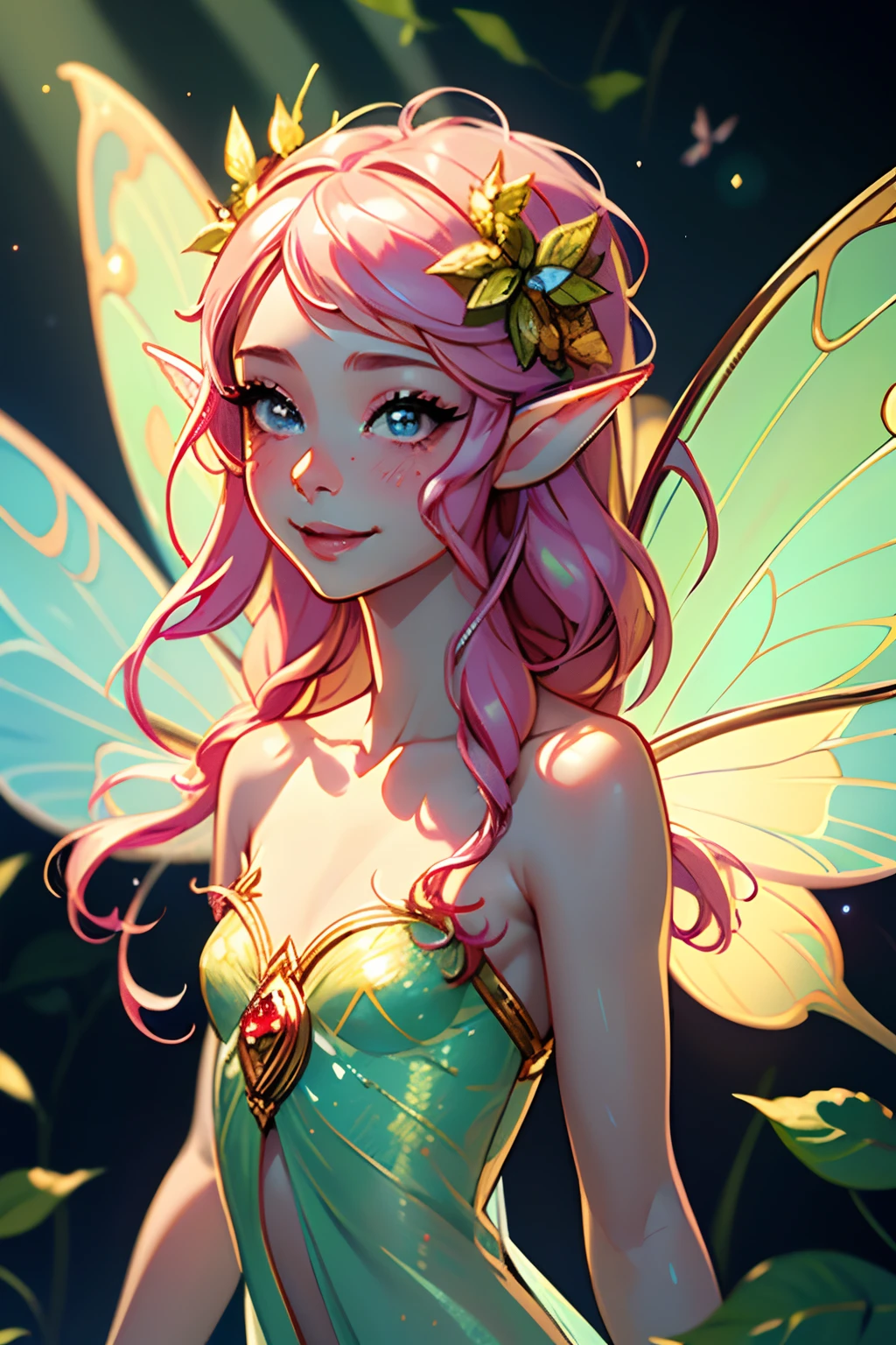 (tiny fairy:1.3), (masterpiece, best_quality, ultra-detailed, immaculate:1.3), epic, illustration, 1girl, muted multicolor skin, f/1.4 lens, bokeh, tiny Guava fairy queen, see-through gossamer, nose blush, beautiful smile