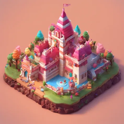 Candy Castle，Small castle，There are chocolates，Cupcakes，Cookie，Candy as a garnish, Clay material, Cartoon design style, pop mart, Soft lighting, Smooth lines, tilt shift lens, Detailed science fiction illustration, Hyper-realistic details, warm color，