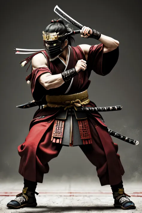 A masterful artistic interpretation of a samurai warrior in a combat stance, utilizing ultra - realistic, hyper - detailed techn...