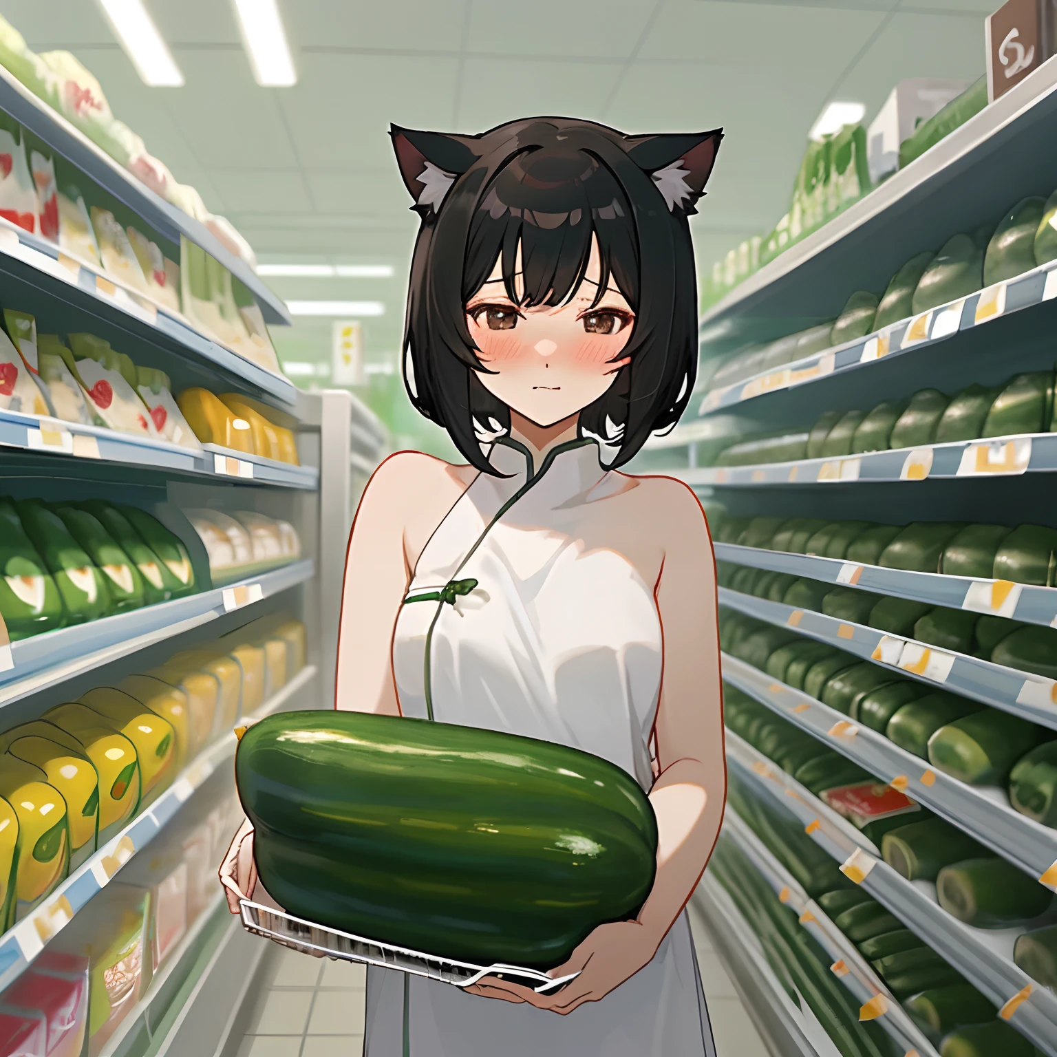 Anime girl holding a cucumber in a grocery store - SeaArt AI