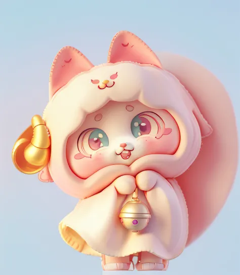 There is a painting，A little girl in a cat-faced cape, There is a horn on the right side of the head, kawaii, Pick up the bell,Cute detailed digital art, cute colorful adorable, POP blind box toys, lovely art style, anime cat, cute artwork, , cute detailed...
