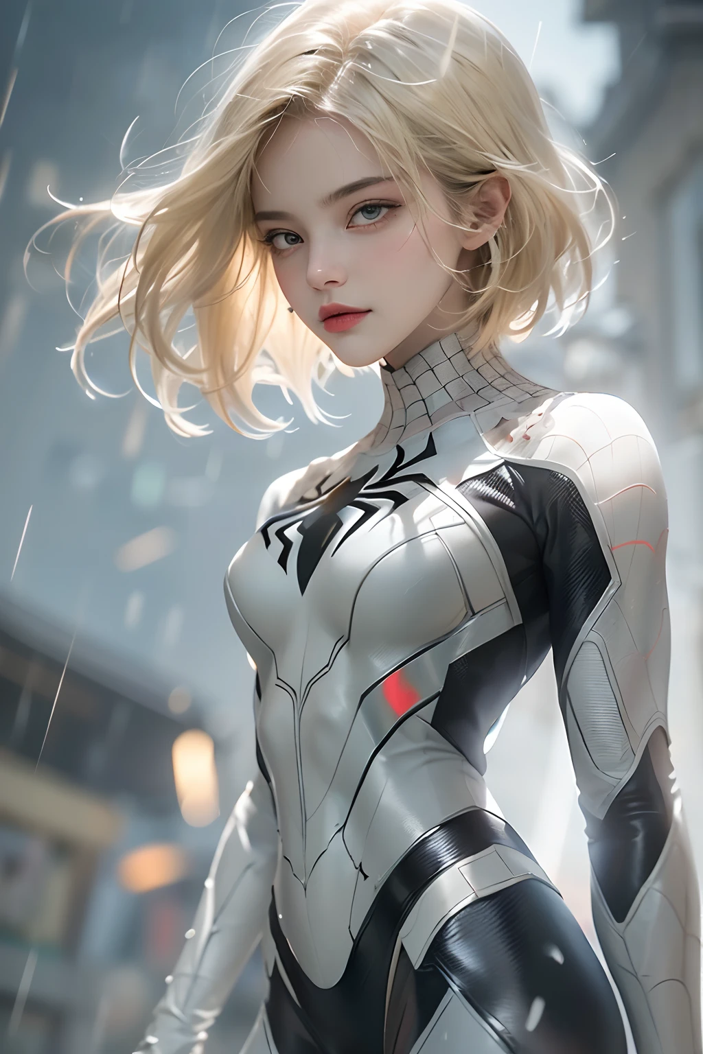 18 Jahre altes Mädchen, weißer Spiderman-Anzug, kurzes stumpfes Haar, blonde, schönes Gesicht, Regen, Dach, Meisterwerk, komplizierte Details, perfekte Anatomie