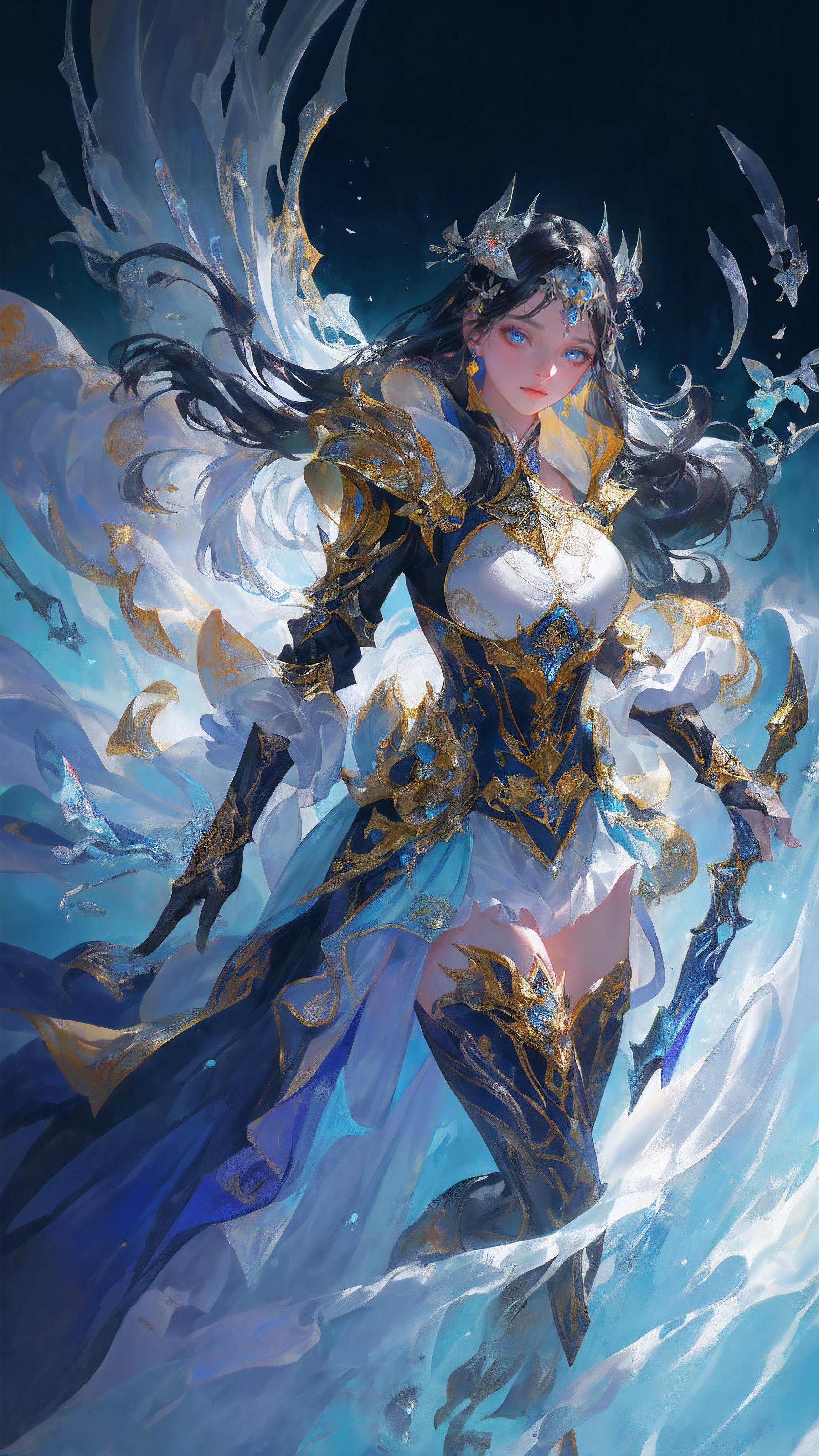 1girl, depth of field, official art, unity 8k wallpaper, ultra detailed, illustration, beautiful and aesthetic, masterpiece, best quality, knight, (big breasts), (milf, mature female), (black armor, armor, breastplate), beautiful face, (long hair, black hair,  very straight hair:1.4, hime cut:1.4), blue eyes, cowboy shot, glowing skin, back lighting, athletic figure, muscular female, curvy, wide hips, colorful, looking at viewer, Hyperrealistic, gradient background, dark background, outline, fantasy, from the front, watercolor, traditional media, (chromatic aberration, intricate details)