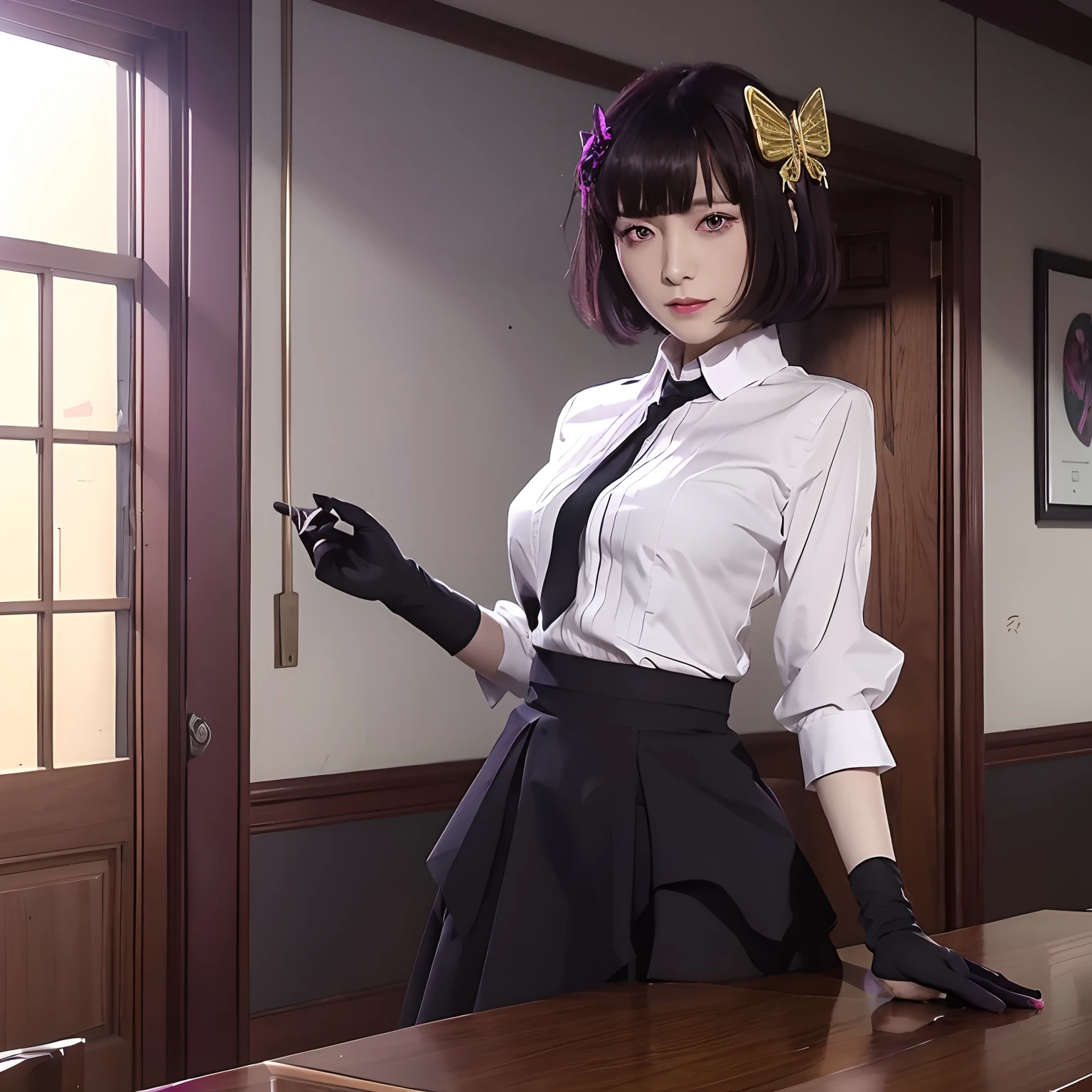 top-quality, 8K, ultra-detailliert, yosano akiko, 1 woman, butterfly hair ornament, Long gloves in black, Black tie, white  shirt, Reddish-purple eyes, 25-years old