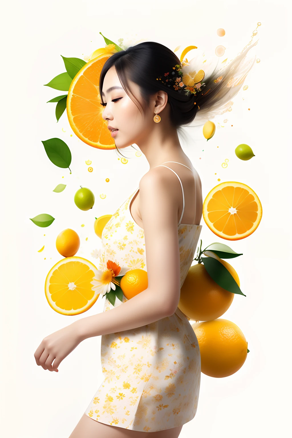 Beautiful Asian woman wearing a floral white dress, citrus fruits flying around, rainbow orange highlights, background of assorted citrus fruits, splashes of orange juice, sideview, textured, photo realistic, 12k quality