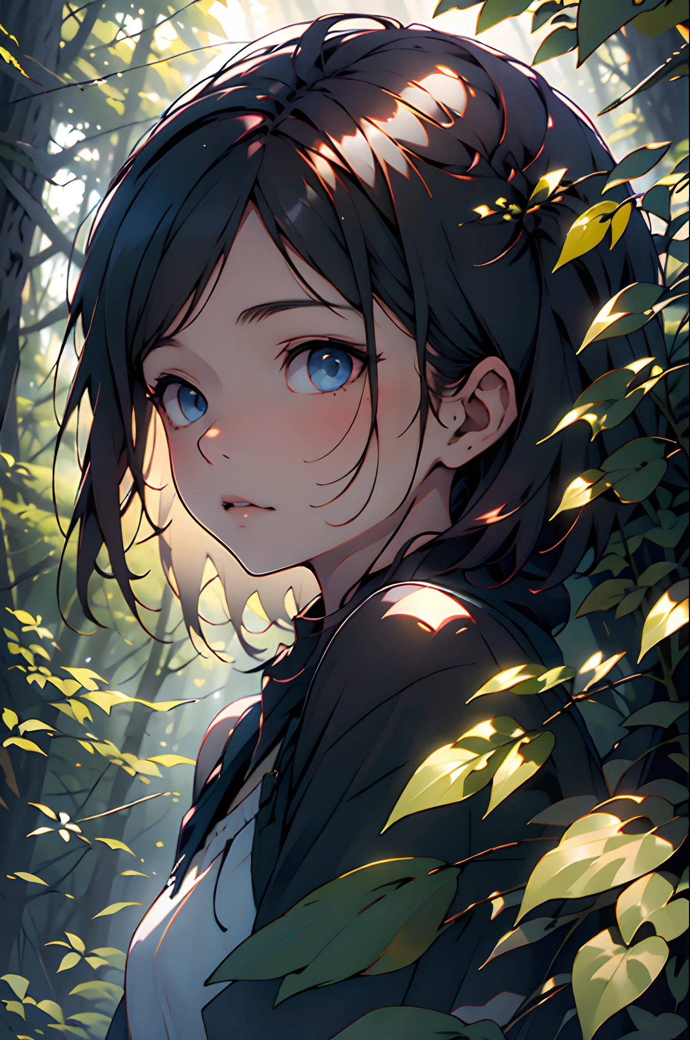 Una niña en el bosque con la luz del sol en la cara.
