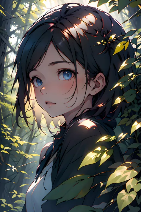 A girl in the forest with sunlight on her face