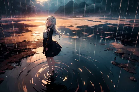 1 girl, character focus,cinematic angle, full-body , standing on puddle, ((looking up sky)), bare-foot, smile ,((rain)),cinemati...