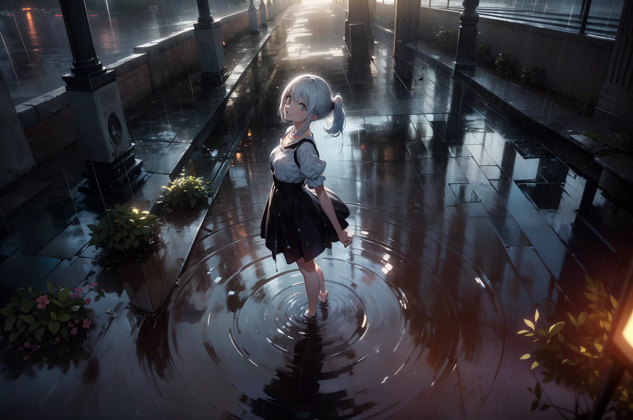 1 girl, character focus,cinematic angle, full-body , standing on puddle, ((looking up)), bare-foot, smile ,((rain)),cinematic lighting,high resolution,(incredibly absurdres), (hires.fix:1.3),anime visual,ultra detailed CG unity 8k wallpaper, ((masterpiece)), ((top-quality)), (beautiful illustration), ((an extremely delicate and beautiful))