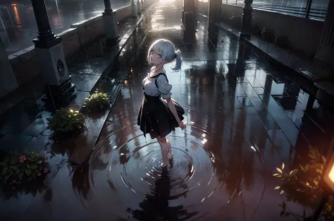 1 girl, character focus,cinematic angle, full-body , standing on puddle, ((looking up)), bare-foot, smile ,((rain)),cinematic li...