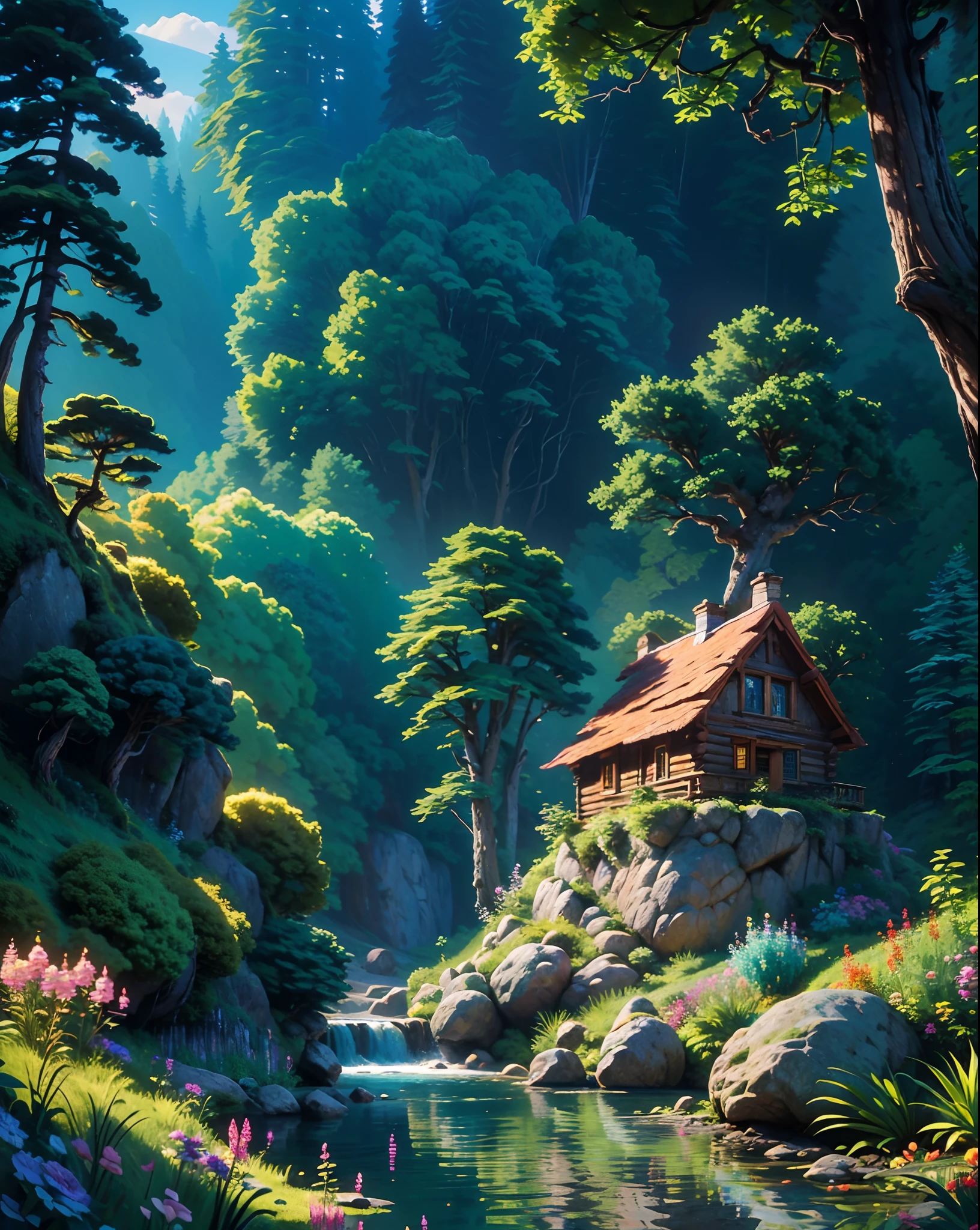 誇張動感的場景－木屋, 建在一個小瀑布的右側，瀑布流入左側的湖泊，周圍環繞著岩石和花朵.  背景的森林有高大的樹木，天空是藍色的, |  具有印象派風格和大氣透視的數位繪畫, 傑作, 最好的品質, 最好的細節, 16k