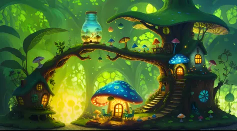 world in a bottle，a fairyland-like hideaway，colorful mushroom house，a fairy world