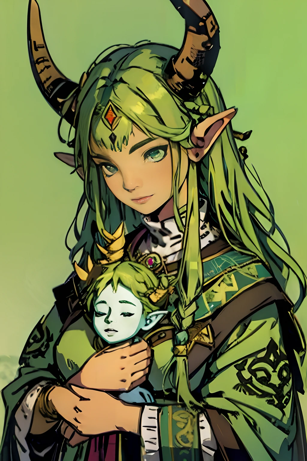 Gehörnte Druidin Frau mit grünem Haar friedliches Gesicht