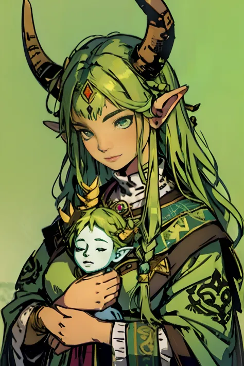 Horned druid woman with green hair peaceful face