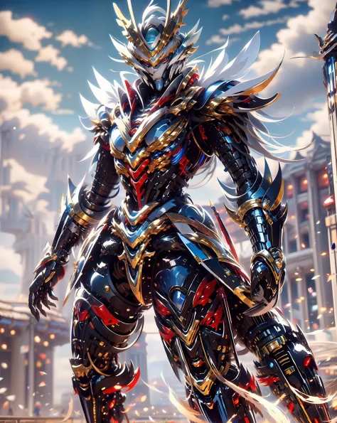 super wide shot, Full body frontal photo, (Masterpiece) ， The best quality， High quality， （futurism：1.1）， （Mech with a sword,  Divine,  Silver and gold，Close-up of real faces）， 电影灯光， （Exquisite future）， Beautiful and beautiful， Ultra detailed， great compos...