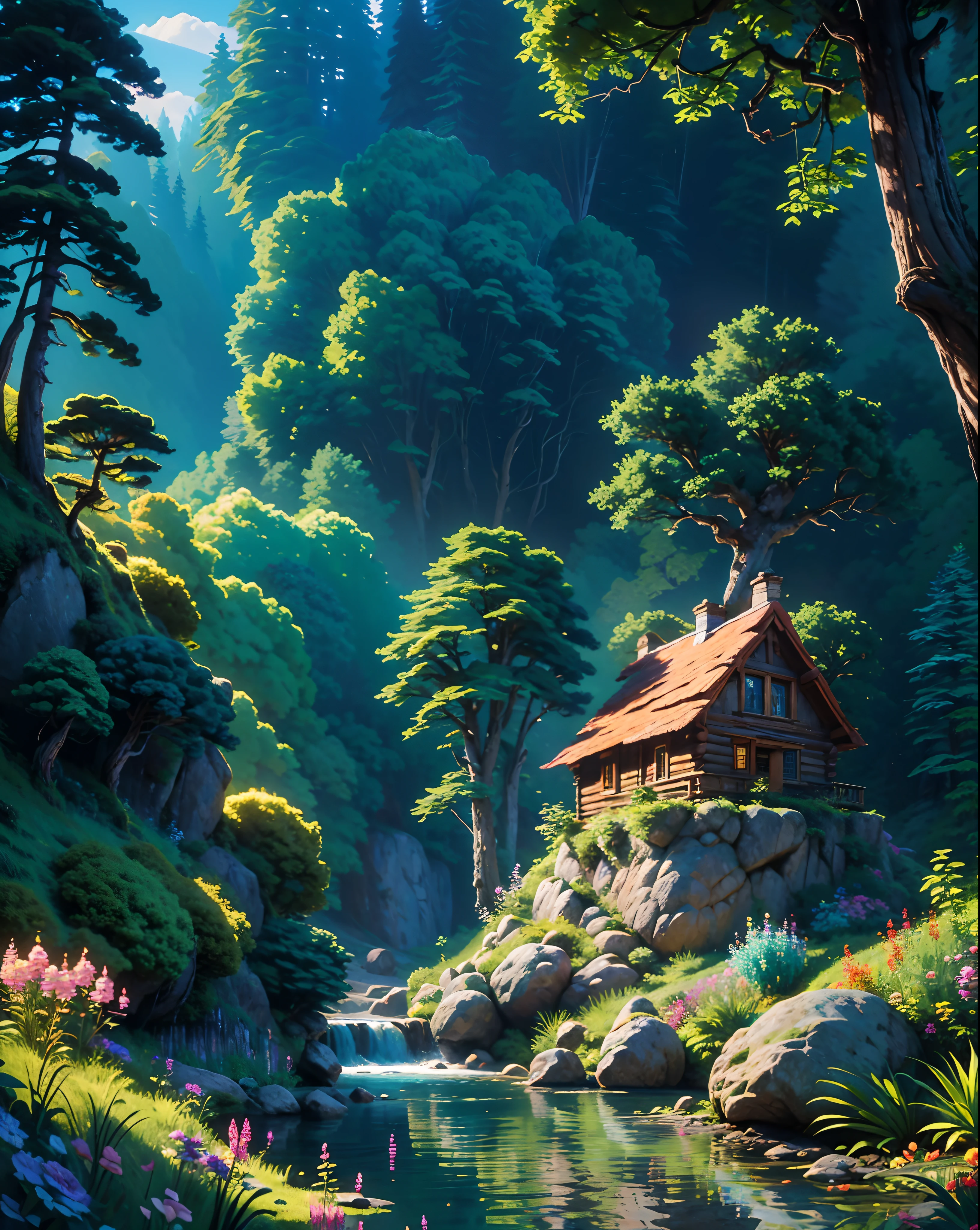 exaggerated and Dynamic scene - A wooden cottage, built on the right side of a small waterfall that flows into a lake on the left side surrounded by rocks and flowers.  The forest in the background has tall trees and the sky is blue, |  digital painting with impressionist style and atmospheric perspective, masterpiece, best quality, best details, 16K