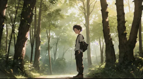 A young boy, Daniel, stands at the edge of the mysterious forest, gazing at the sun-dappled trees.