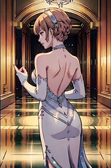 annette_war, ,Annette (Fire Emblem), 1girl,red cocktail dress,white elbow gloves,singing,classic microphone,1920s night club,art deco interior,vibrant atmosphere,smoke-filled room,dimmed lights,sparkling chandeliers,dancing couples,arched doorways,velvet c...