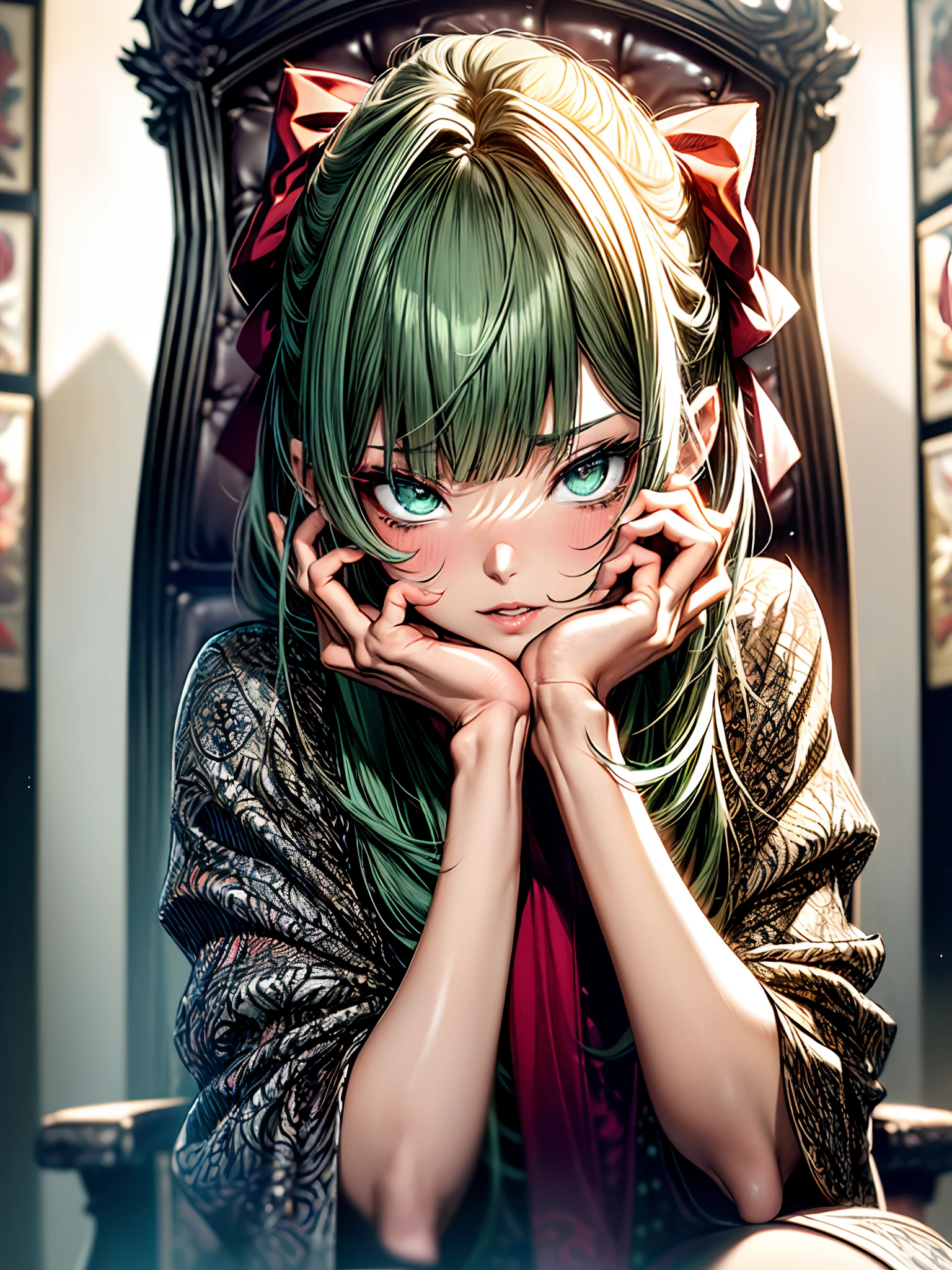 (​masterpiece)、(top-quality)、a throne、
makeup, red blush, 耳环, heart mark, high-heels, 1girl in, florals, the bow,looking in camera、Ahegao ( Silly / Sexual ecstasy)、Cross-eyed、Stranger、View other people、Blunt bangs、 over-kneehighs,Ahegao , Silly,Sexual ecstasy,Drunken eyes,Blunt bangs, Green hair,(masutepiece:1.2, Best Quality), (finely detailed beautiful eye: 1.2), (Detailed background,Dark Fantasy), (beautifull detailed face), High contrast, (Best Illumination, extremely delicate and beautiful), ((Cinematic Light)), Colorful, Hyper Detail, Dramatic light, Intricate details,