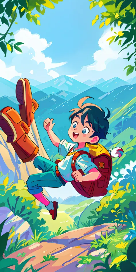(best quality,highres),vibrant and playful colors,bright and lively colors,bold and lively colors,adventure theme
childlike figure,the figure of a boy,the image of a boy,a boy with a backpack,a boy with a sense of vitality and freedom,a boy climbing mounta...