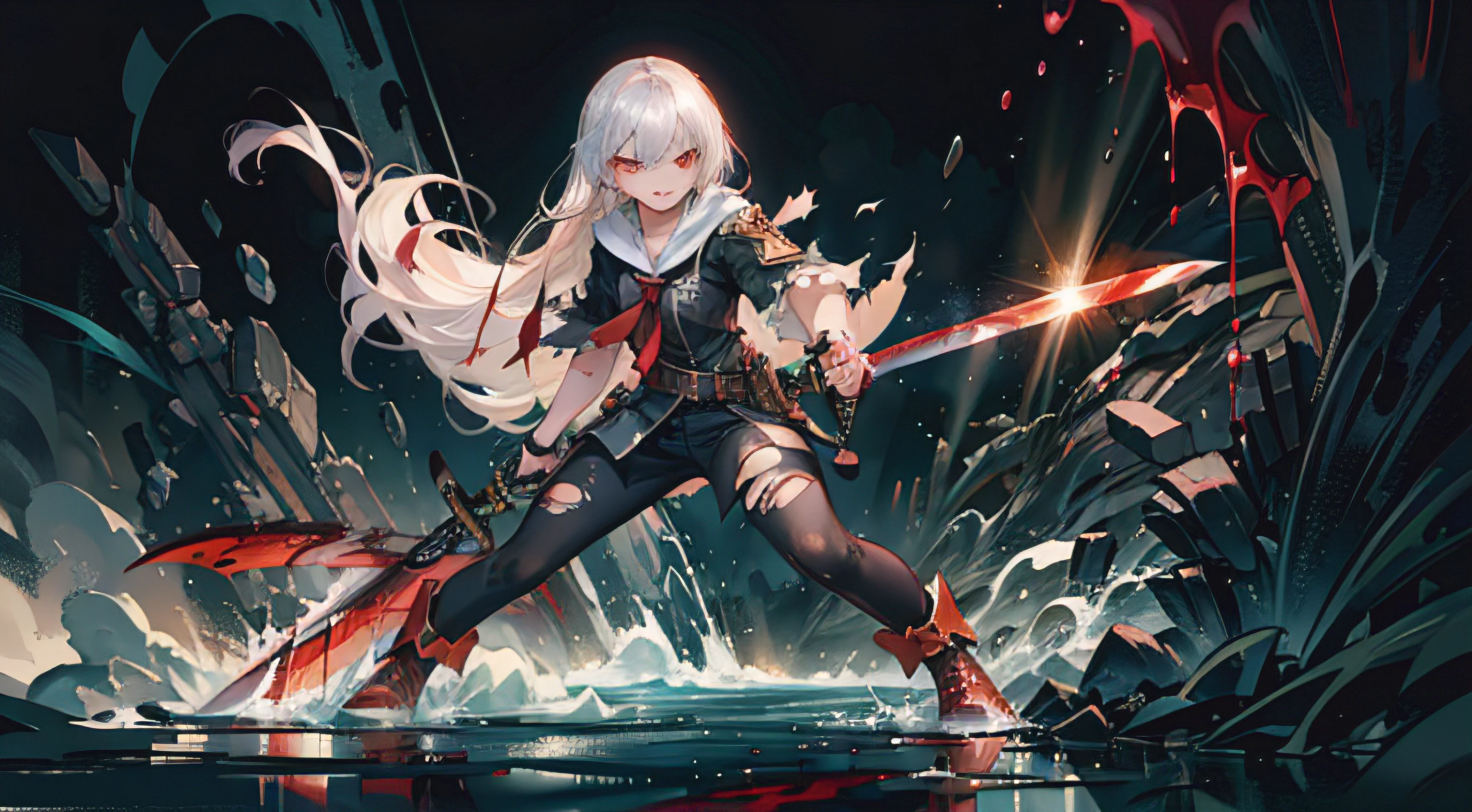 (masterpiece, best quality, amazing:1.4), ((1girl)), finely detail, depth of field, dark background, dramatic lighting, dynamic angle, (dynamic pose:1.2), (full body), perfect anatomy, perfect hand, (white hair), red streaked hair, (red eyes), (((with sword))), angry face, (smirking), unamused, ((torn clothes)), beautiful detailed eyes, (blood drop), blood fog, floating hair, light shafts, soft focus, (character focus), (disheveled hair), long bangs, hairs between eyes, looking at viewer, glowing hair, floating, (splashing blood), long hair, (bloodstain), (battle scars), menacing