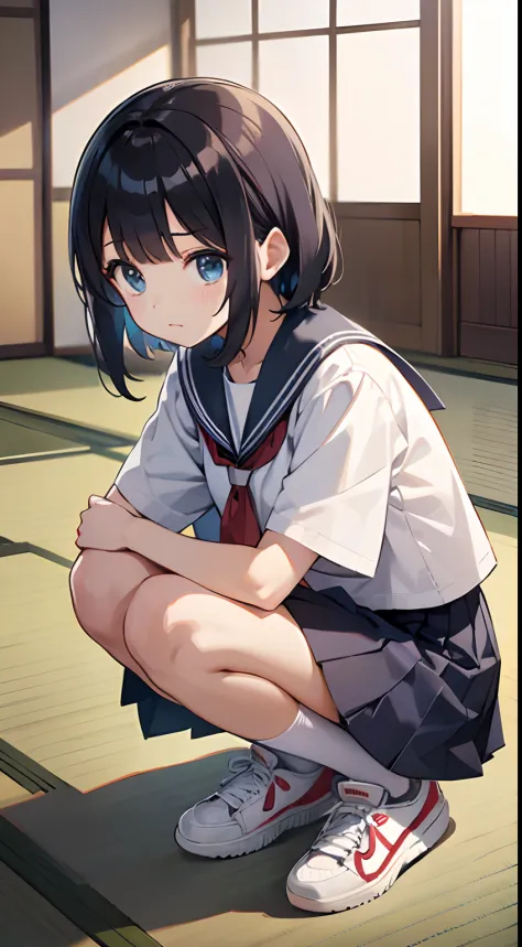 Girl wearing sneakers on tatami mats、School uniform、Hair is short