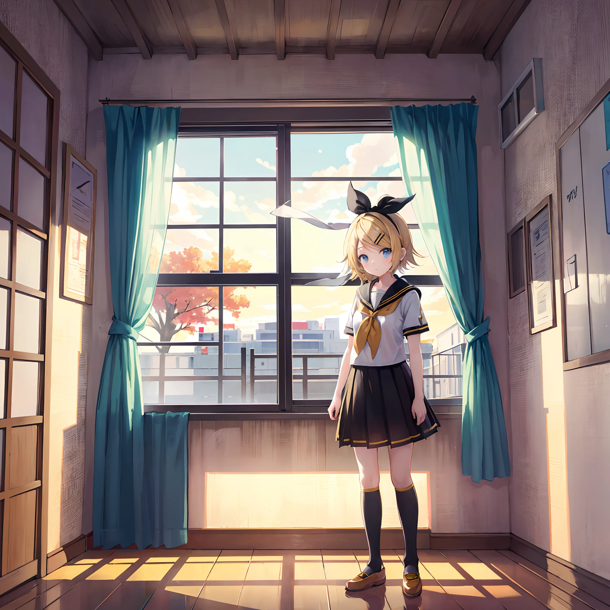 Anime girl standing in front of a window with a cat on her head - SeaArt AI