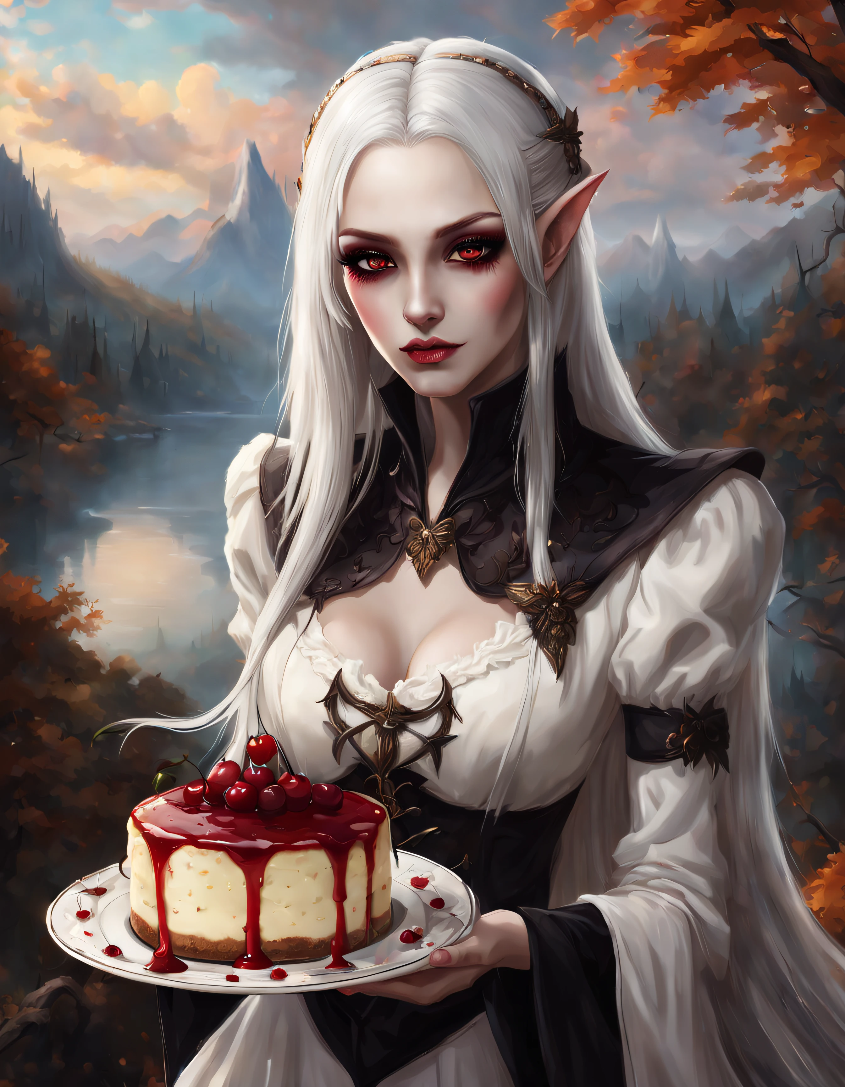 straight shot of a gorgeous (pale vampire) holding a (delicate) plate with (delicious cheesecake) with a single cherry on top of it, long white hair, (hunter) clothing, cookies, draconic, (adorable) eyes, highly detailed (romantic nature) background, looking at the viewer