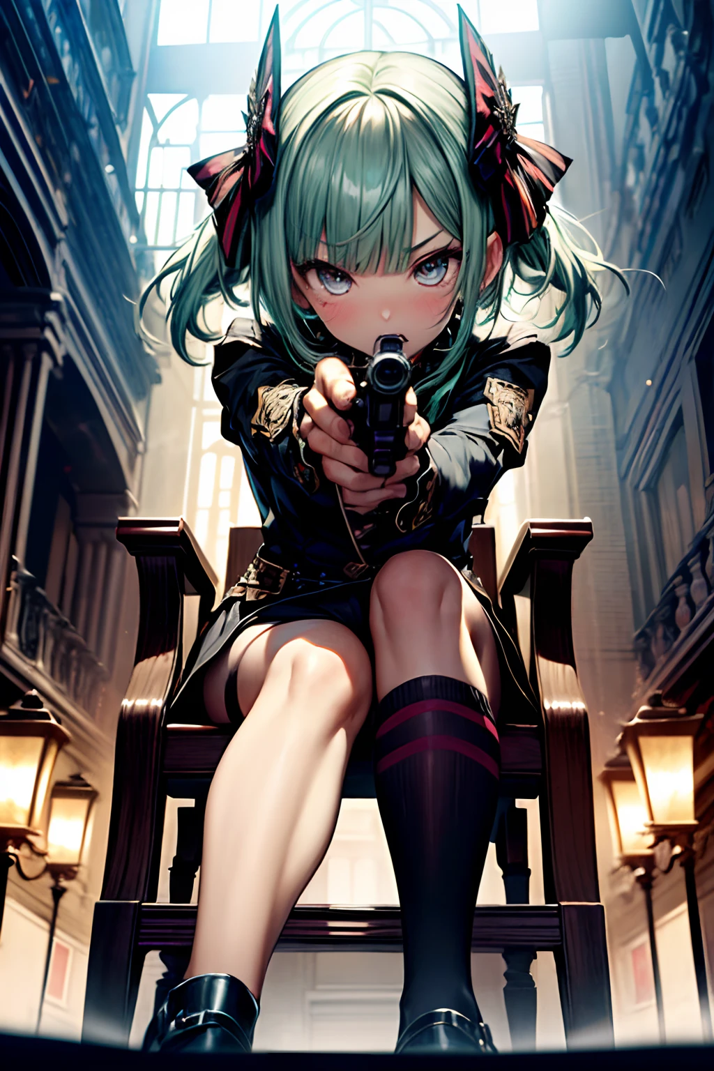 aiming at viewer, Have a pistol, pistols, (​masterpiece)、(top-quality)、a throne、cross one's legs、Put your hand in your crotch、
makeup, red blush, 耳环, heart mark, high-heels, 1girl in, florals, the bow,looking in camera、Ahegao ( Silly / Sexual ecstasy)、Cross-eyed、Stranger、View other people、Blunt bangs、 over-kneehighs,Ahegao , Silly,Sexual ecstasy,Drunken eyes,Blunt bangs, Green hair,(masutepiece:1.2, Best Quality), (finely detailed beautiful eye: 1.2), (Detailed background,Dark Fantasy), (beautifull detailed face), High contrast, (Best Illumination, extremely delicate and beautiful), ((Cinematic Light)), Colorful, Hyper Detail, Dramatic light, Intricate details,