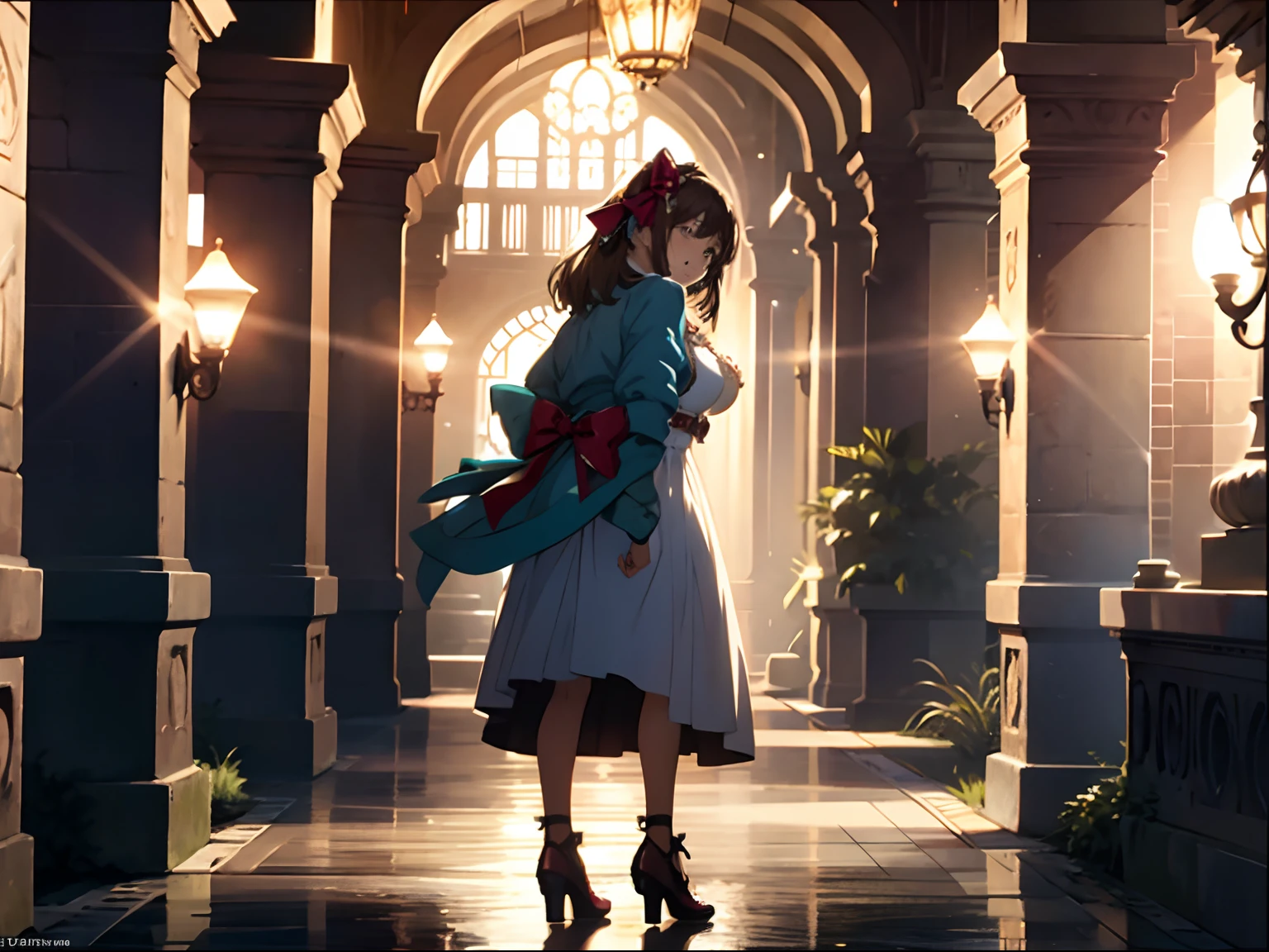 In the mansion，one-girl，Side Body，full bodyesbian，Princess shoes have bows on them，Hand on the wall，Brown hair, Hair Bow, aqua eyes, There are tears on the face，Earrings, anime big breast, Cinematic lighting,  8K, Best quality, A high resolution，Wide shot, From behind, Bokeh