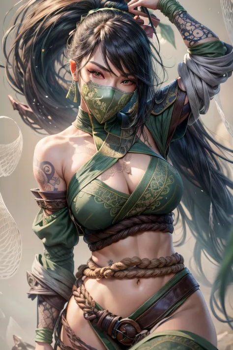 ultra realistic 8k cg, masterpiece, ((ultra detailed background, delicate pattern, intricate detail)), (highly detailed, fine details,), (beautiful detailed face and eyes and hair:1.1), 1girl, akali, looking at viewer, league of legends, abs, arm tattoo, b...