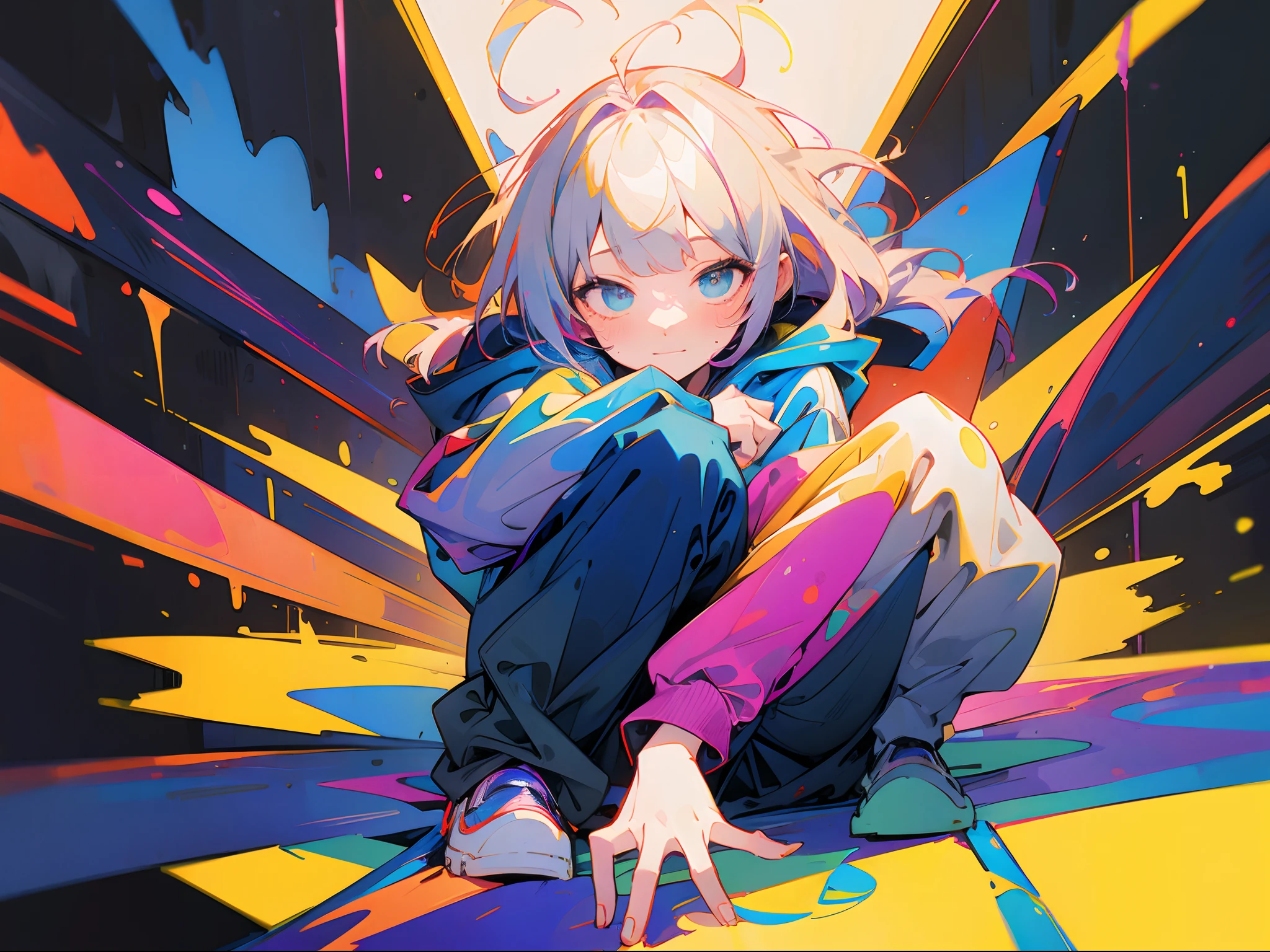 Street culture，scribble art，The walls are sprayed with colorful patterns，A girl crouches in front of the camera，Cool expression，Face the lens，Wearing a yellow sweatshirt，White color hair，The hood is placed on the head，blue denim pants，style of anime，Extreme color，extreme hight detail，master art，style of anime，in a panoramic view