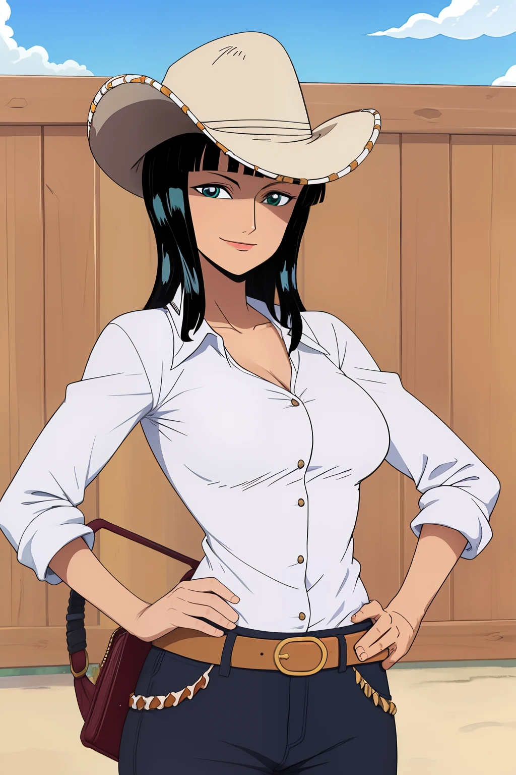 A woman in a cowboy hat and jeans poses for a picture - SeaArt AI